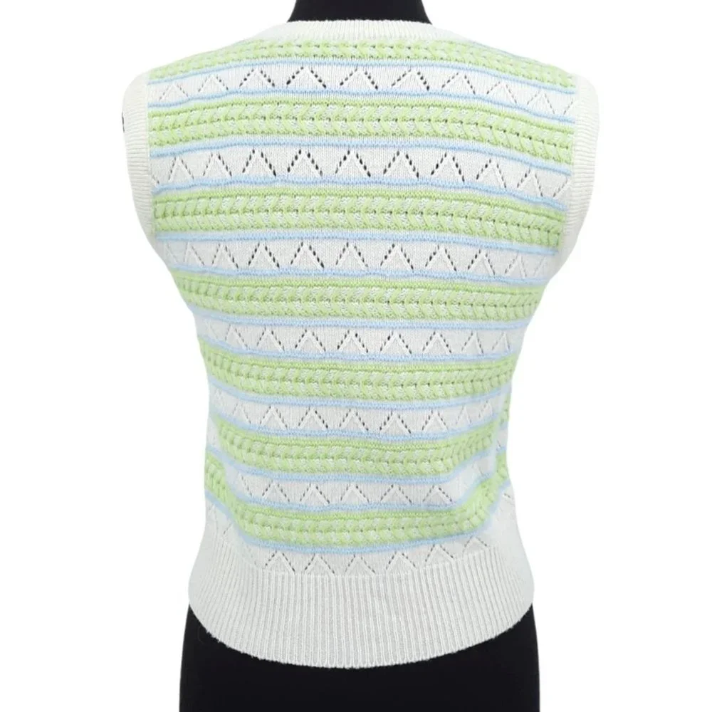 VTG 60s Wintuk Green Blue Stripe Sleeveless Knit Top Cardigan Twin Set Size S - Picture 8 of 9